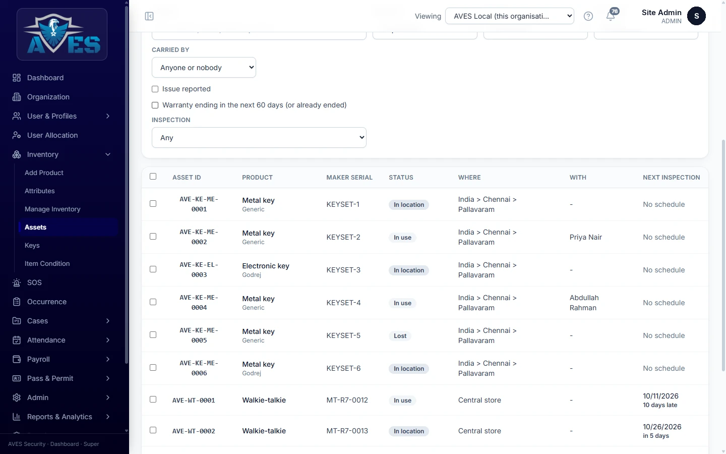 Asset record with custodian – AVES Inventory & Asset Tracking