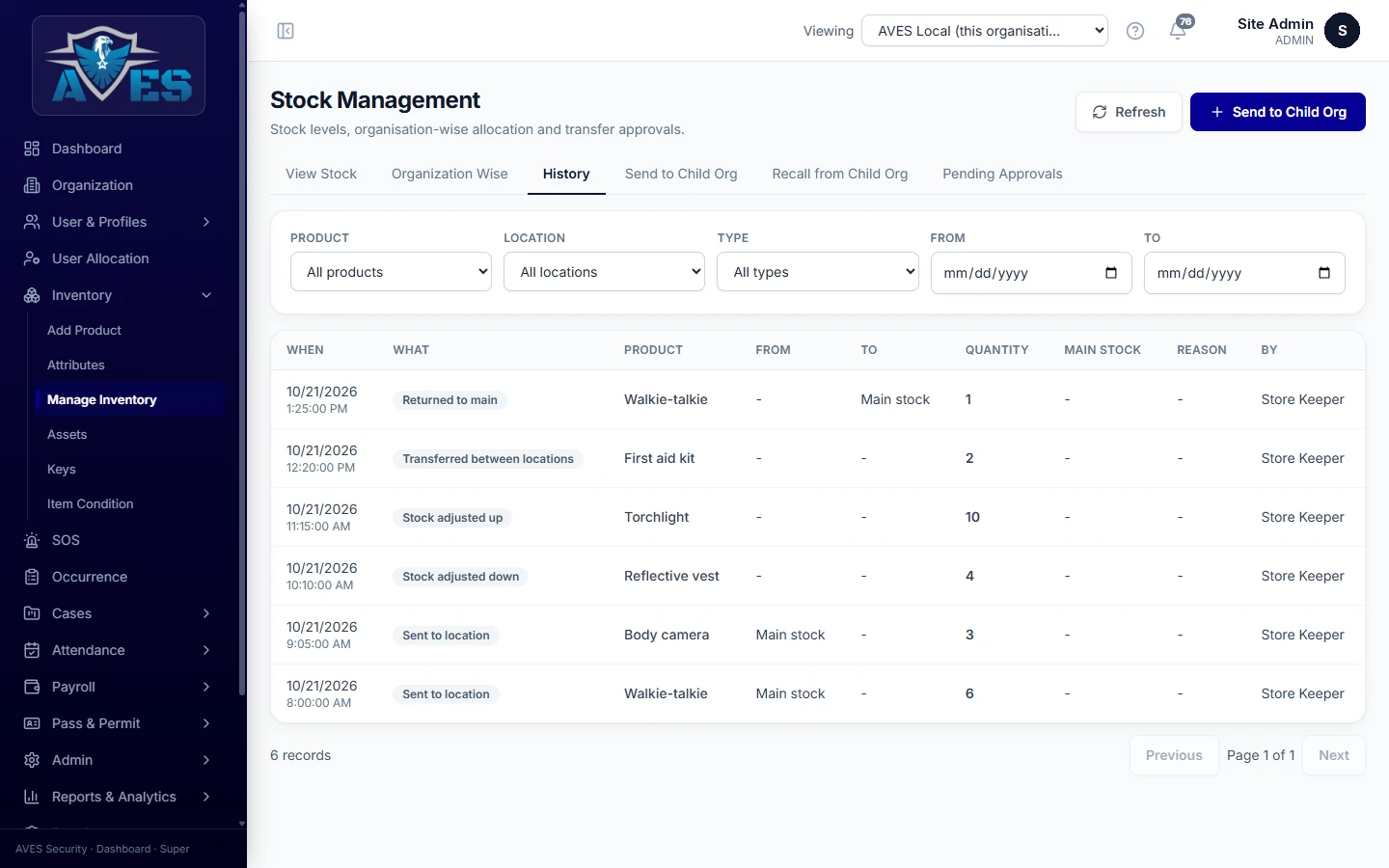Stock movements and transfers – AVES Inventory & Asset Tracking