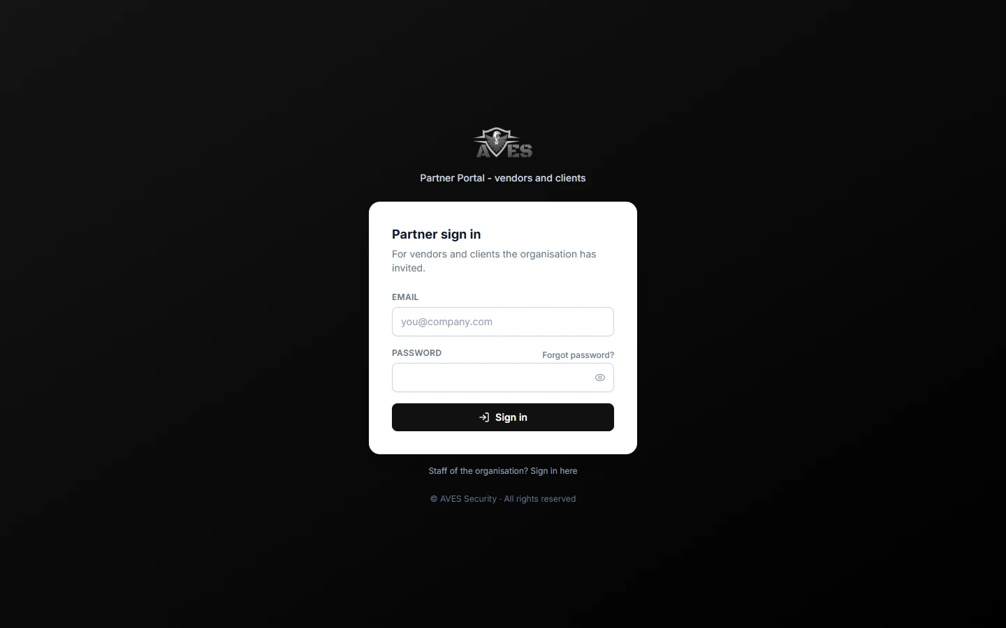 Client portal sign-in – AVES Partner & Client Portal