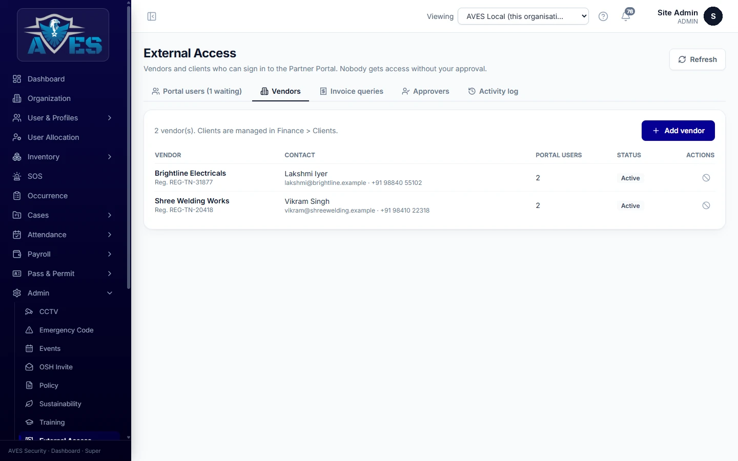 Vendors and portal users invited by the organisation – AVES Contractor & Vendor Access