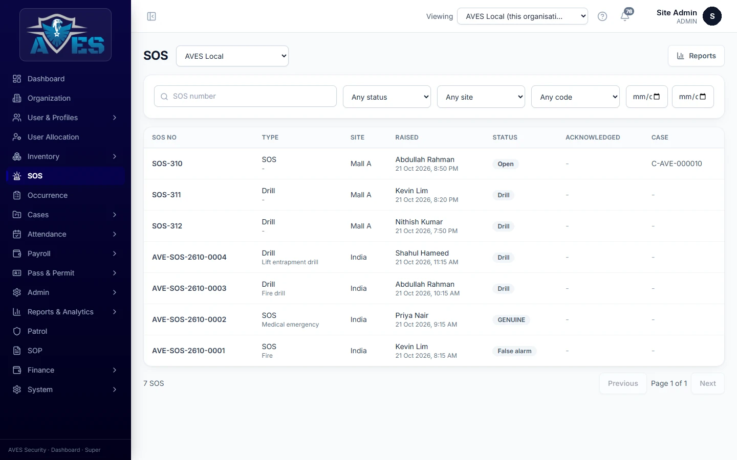 SOS and drill alerts with response status – AVES SOS & Panic Alerts