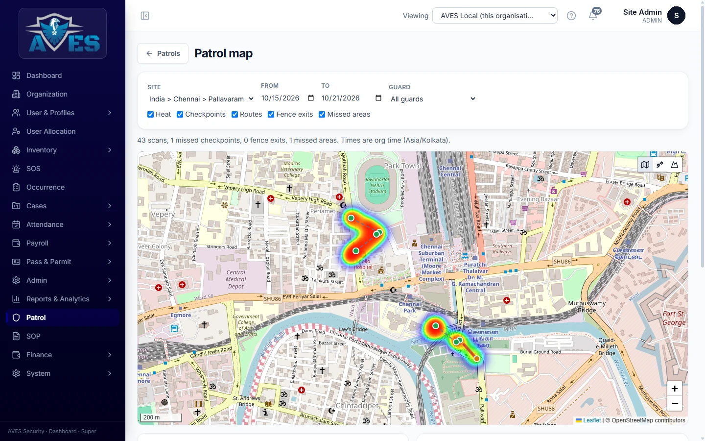 Patrol routes and checkpoint scans on the map – AVES Guard Tour & Patrol