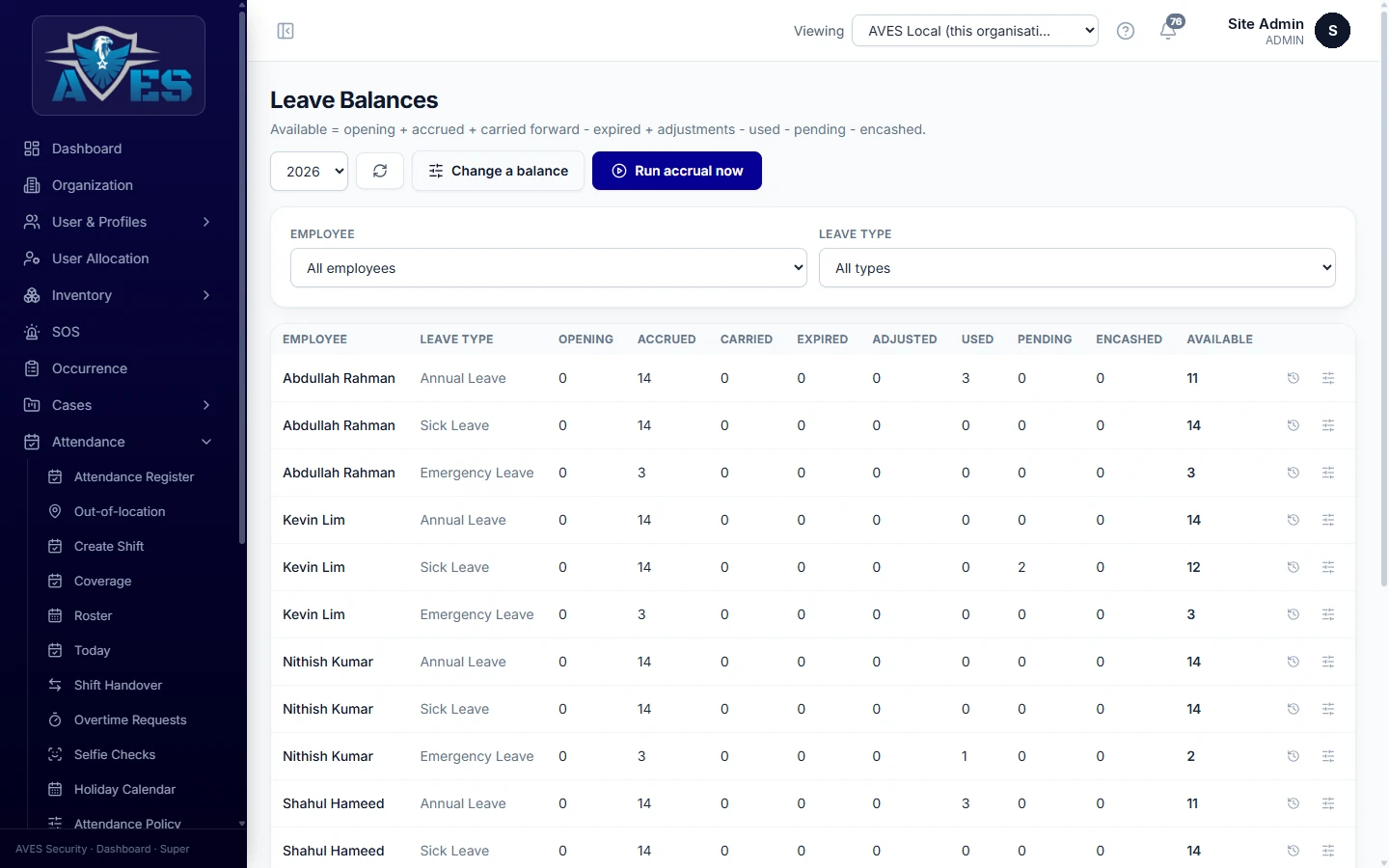 Leave balances by employee – AVES Leave Management