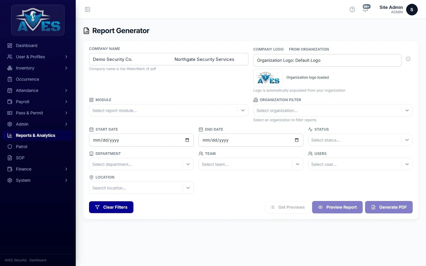 PDF and Excel reports – AVES Multi-Site Command & Reporting
