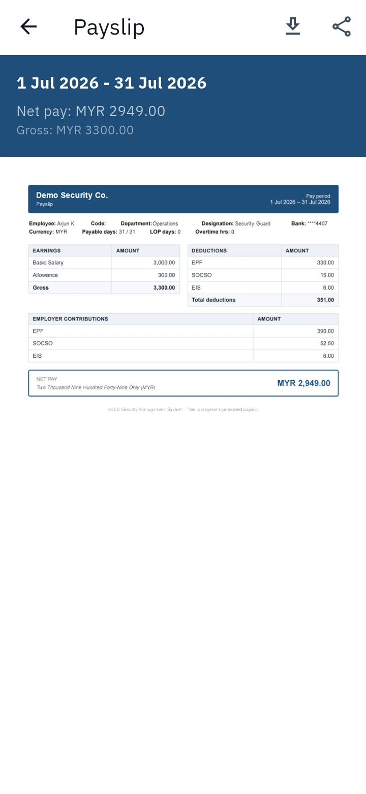Guard payslip in the app – AVES Security Payroll