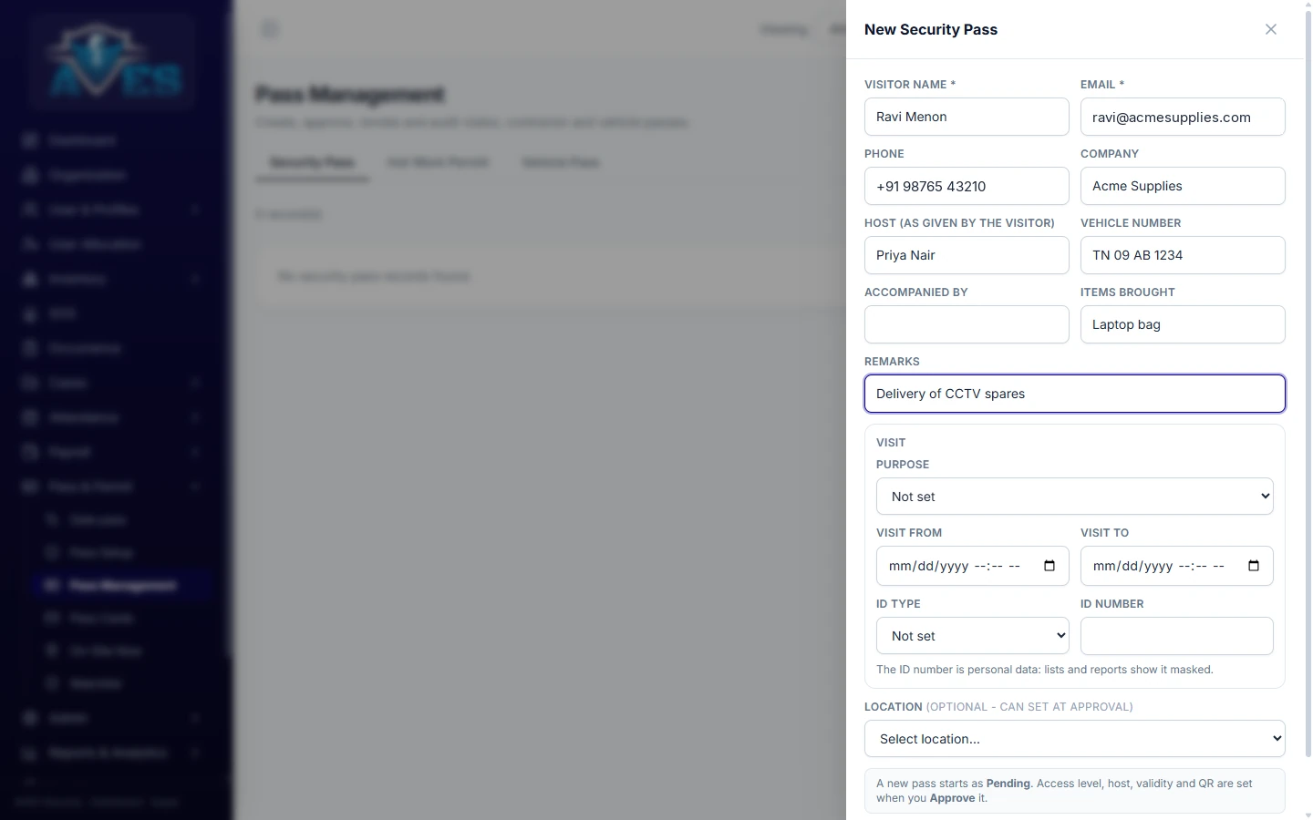 Creating a visitor gate pass – AVES Visitor & Access Management